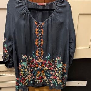 Johnny Was Grey Blue Embroidered V-Neck Tunic